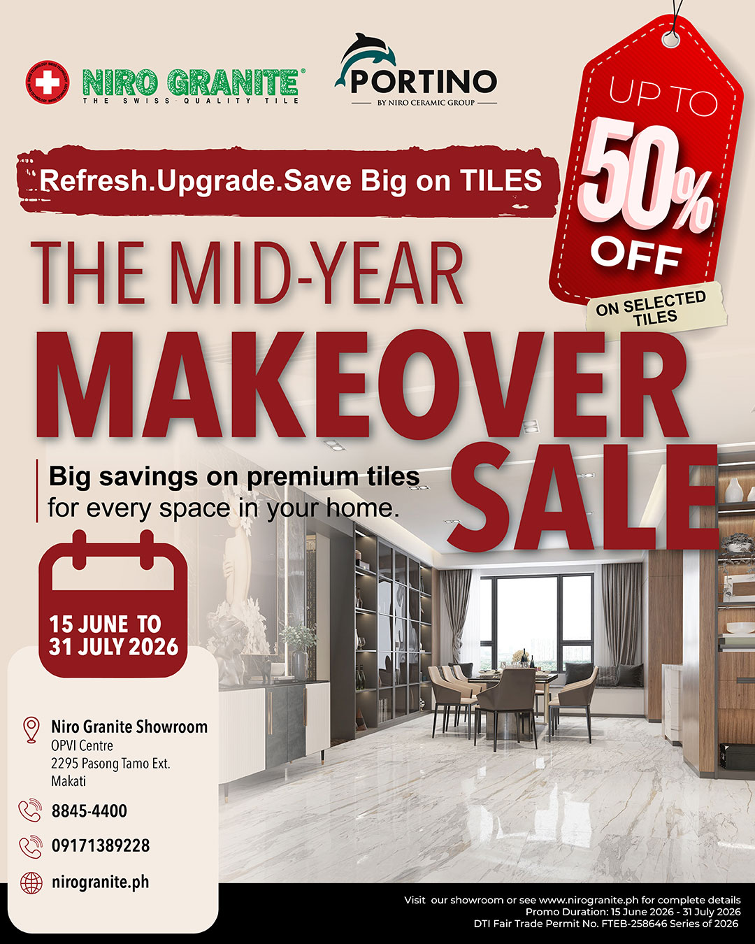 Promotional poster for a mid-year tile sale: up to 50% off, big MAKEOVER text, showroom interior background, dates 15 June–31 July 2026, contact details at left.