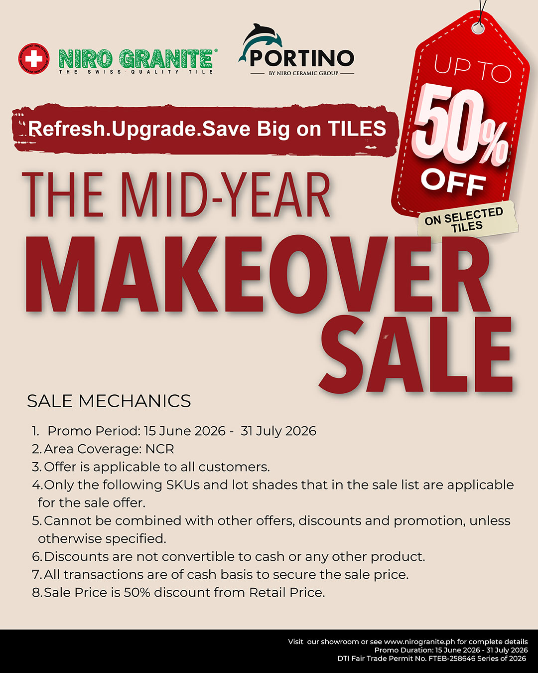 Promotional tile sale banner: ‘Makeover Sale’ with up to 50% off on selected tiles and sale details below.